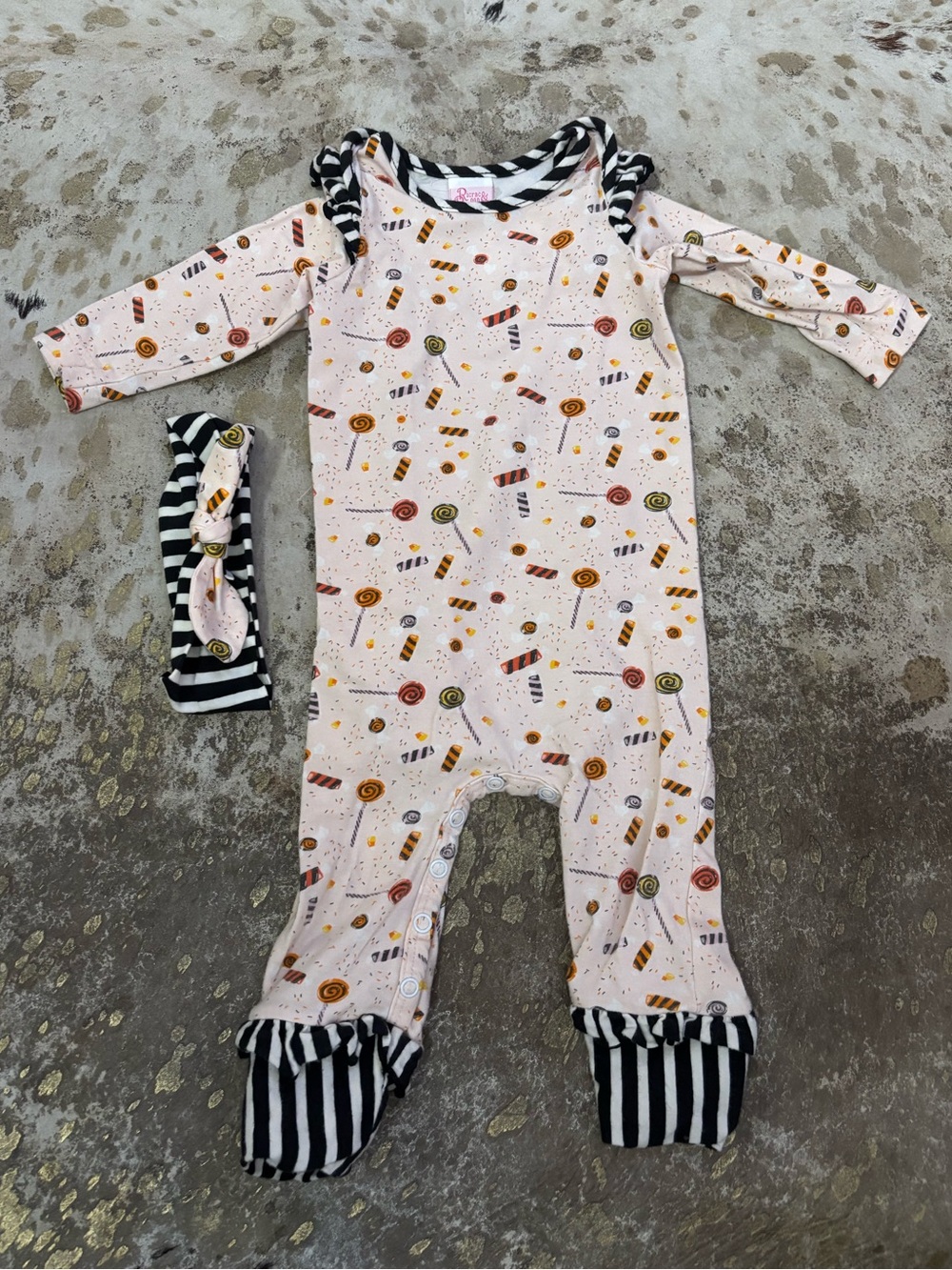 Pink Candy-Print Footie with Striped Trim and Headband - Picture 1 of 3